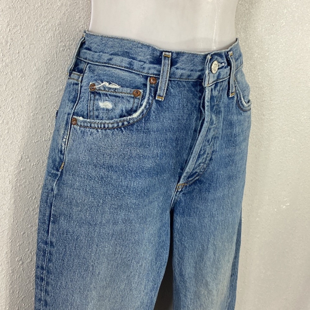 Agolde Riley Long High Rise Button Fly Distressed Hem Straight Leg Jeans 24 - Picture 3 of 16